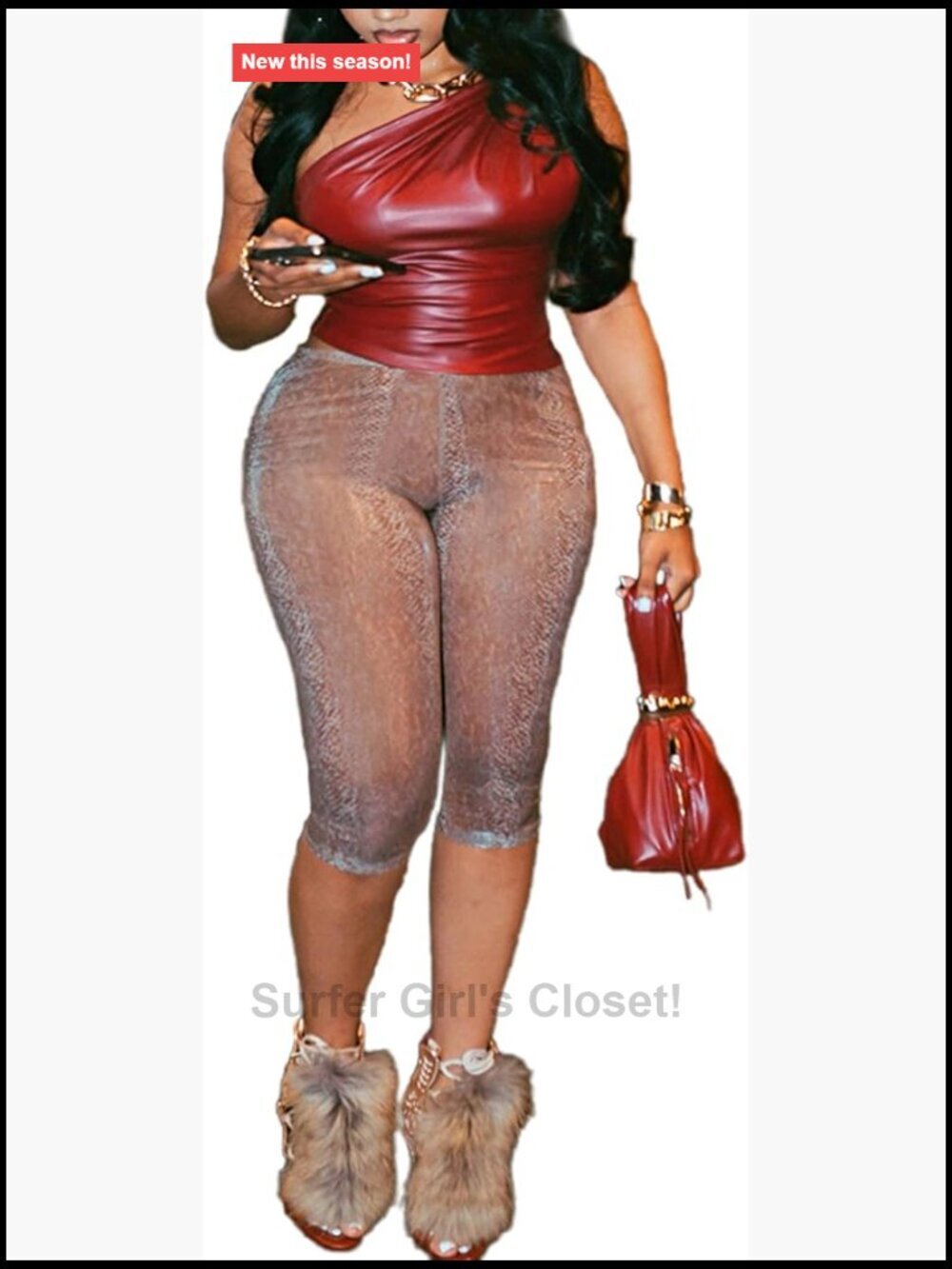 One Shoulder Faux Leather Crop Top and Snake Print Capri Pant Set Y2k 2 Piece